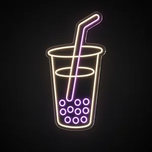 Néon LED Bubble Tea blanc chaud, violet et rose, sur plaque en acrylique transparent découpée à la forme