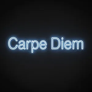 Néon LED Carpe Diem bleu neon, sur plaque en acrylique transparent découpée à la forme