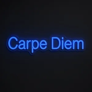 Neon LED Carpe Diem w kolorze niebieskim na przezroczystej płycie akrylowej wyciętej po konturze