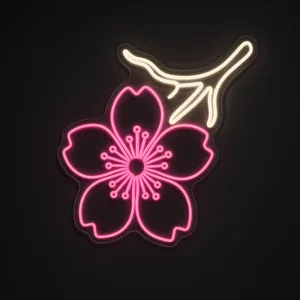 Neon LED Cherry Blossom, kolory: różowy i ciepła biel, na przezroczystej płycie akrylowej wyciętej po konturze