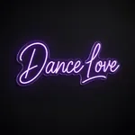 Néon LED Dance Love violet, sur plaque en acrylique transparent découpée à la forme