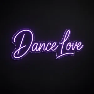 Néon LED Dance Love violet, sur plaque en acrylique transparent découpée à la forme