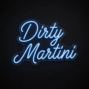Néon LED Dirty Martini bleu neon, sur plaque en acrylique transparent découpée à la forme