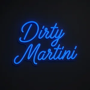 Neon LED Dirty Martini w kolorze niebieskim na przezroczystej płycie akrylowej wyciętej po konturze