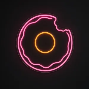 Neon LED Donut, kolory: różowy i pomarańczowy, na przezroczystej płycie akrylowej wyciętej po konturze