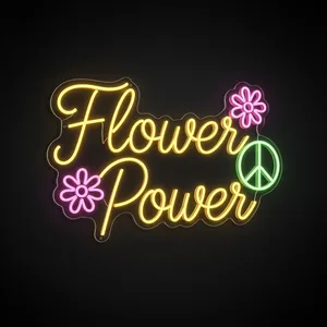 Néon LED Flower Power jaune chaud, rose et vert, sur plaque en acrylique transparent découpée à la forme