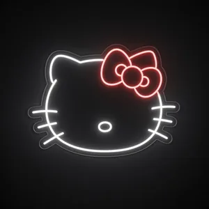 Néon LED Hello Kitty em branco frio e vermelho sobre placa de acrílico transparente recortada