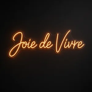 Néon LED Joie de Vivre orange, sur plaque en acrylique transparent découpée à la forme