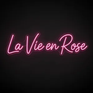 Néon LED La Vie en Rose rose, sur plaque en acrylique transparent découpée à la forme