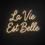 Néon LED La Vie Est Belle blanc chaud, sur plaque en acrylique transparent découpée à la forme