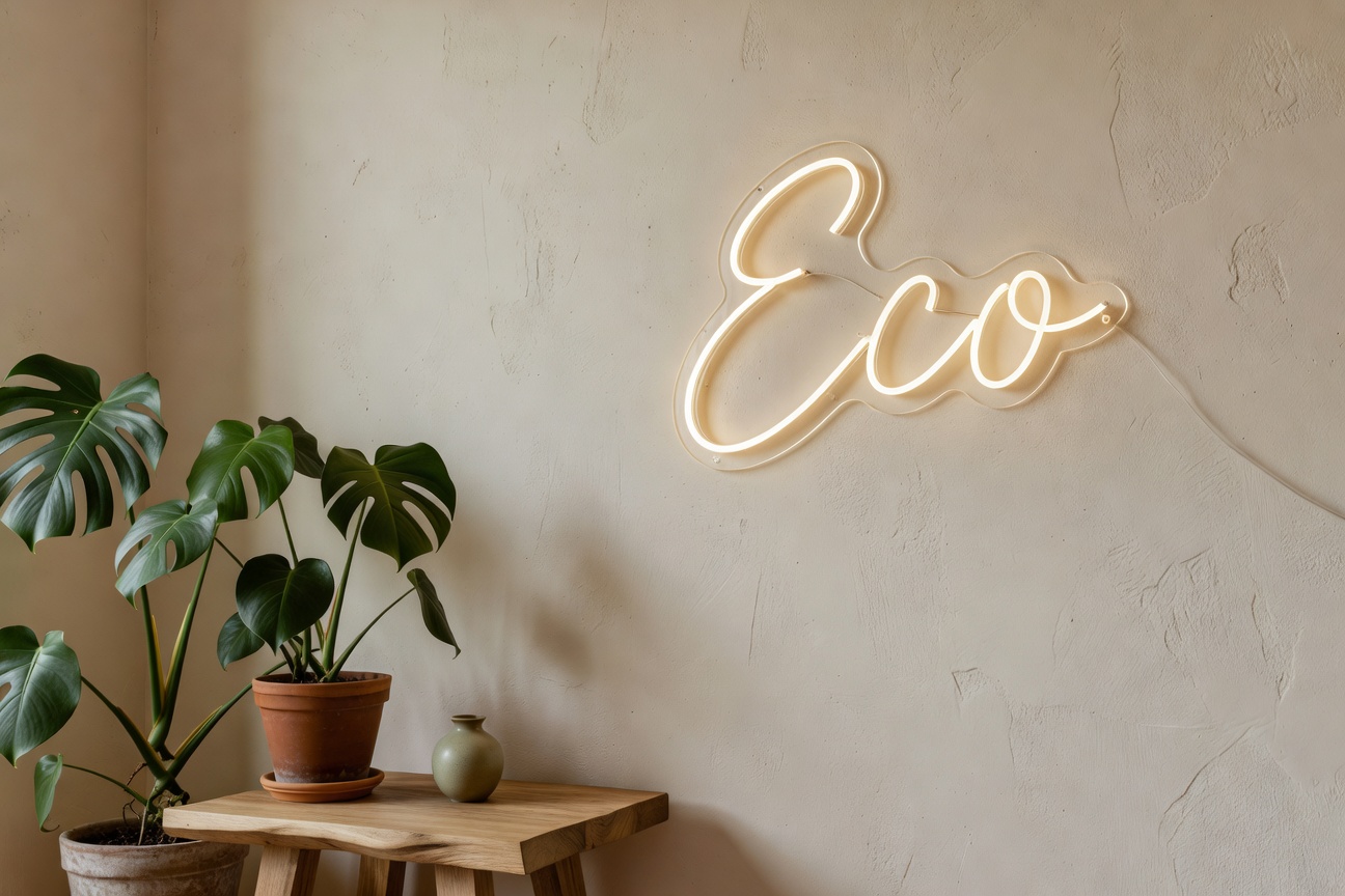 Neón LED Eco en cursiva blanco cálido en pared con plantas y luz natural