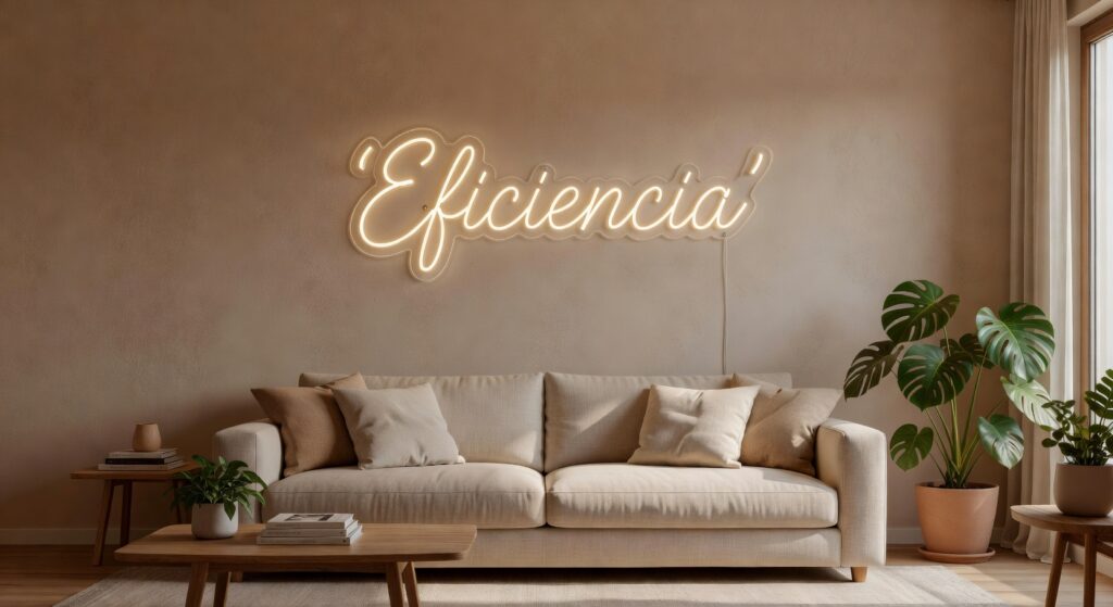 Neón LED Eficiencia en cursiva blanco cálido en un salón moderno español, bajo consumo