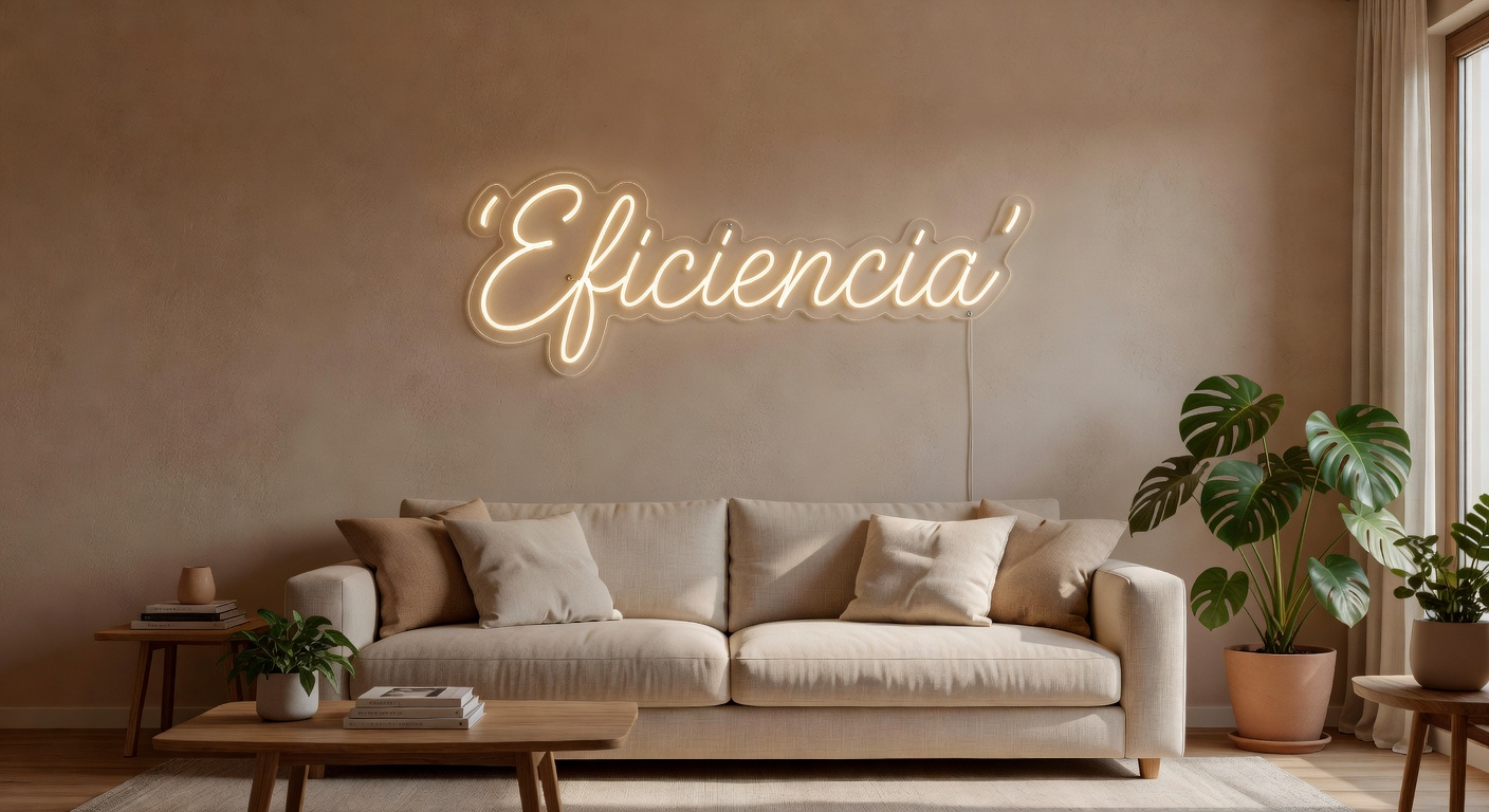 Neón LED Eficiencia en cursiva blanco cálido en un salón moderno español, bajo consumo