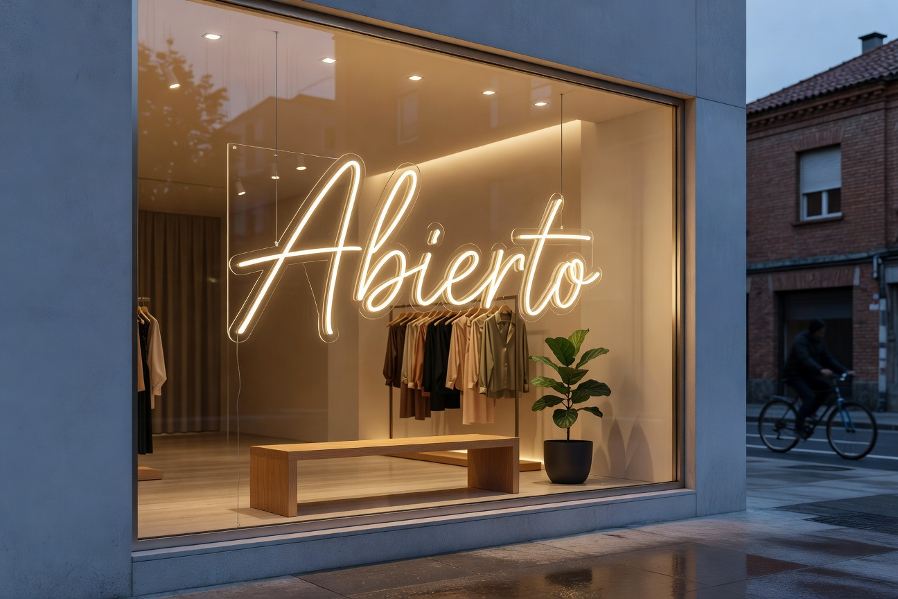 Escaparate de boutique con neón LED Abierto al atardecer