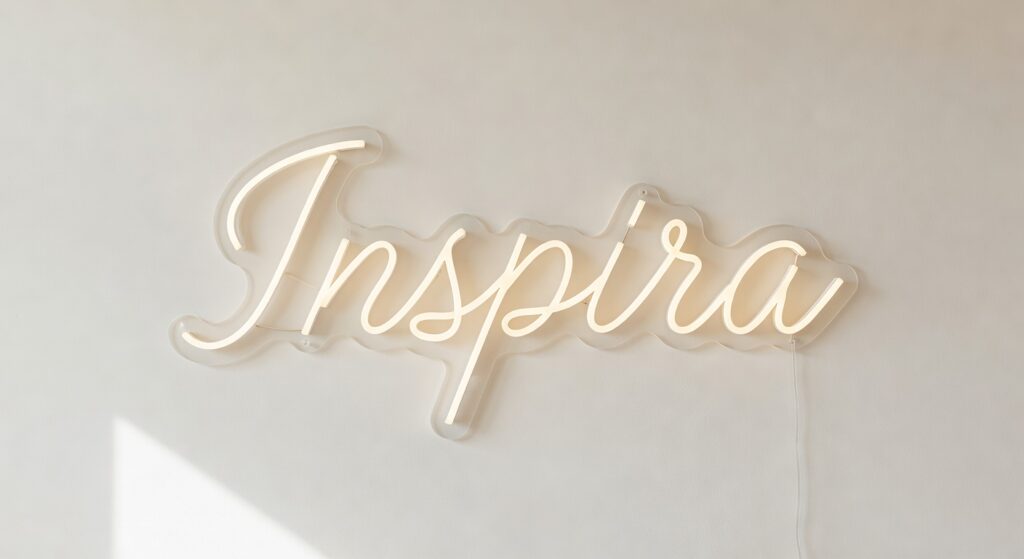 Neón LED personalizado Inspira en cursiva blanco cálido sobre pared crema, calidad Helioneon