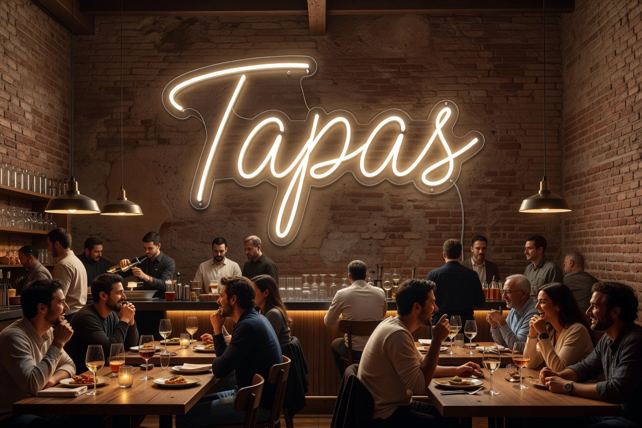 Neón LED Tapas en restaurante español de tapas con luz cálida al atardecer
