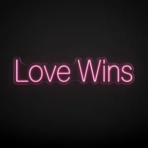 LED-neonbord Love Wins in roze op transparante acrylplaat, op vorm gesneden