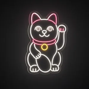 Néon LED Lucky Cat em branco quente, amarelo quente e vermelho sobre placa de acrílico transparente recortada