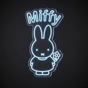 Néon LED Miffy em azul néon sobre placa de acrílico transparente recortada