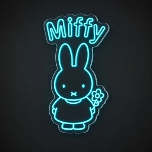 Neon LED Miffy (błękit) na przezroczystej płycie akrylowej wyciętej po konturze