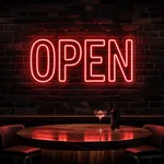 Néon LED Open allumé, mis en situation dans un intérieur