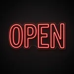 Néon LED Open rouge, sur plaque en acrylique transparent découpée à la forme