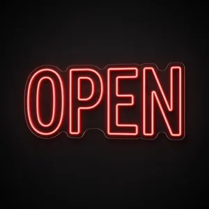 Néon LED Open rouge, sur plaque en acrylique transparent découpée à la forme