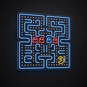 Néon LED Pac-Man em azul néon, amarelo quente, vermelho e branco quente sobre placa de acrílico transparente recortada