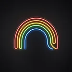 Rainbow LED neon sign in red, orange, warm yellow, green and neon blue on a clear cut-to-shape acrylic backboard