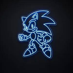 Néon LED Sonic em azul néon sobre placa de acrílico transparente recortada
