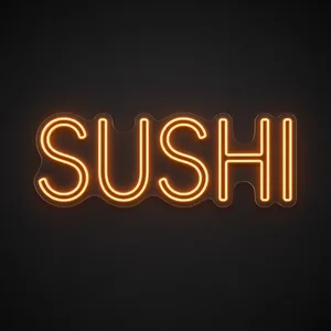 Néon LED Sushi orange, sur plaque en acrylique transparent découpée à la forme
