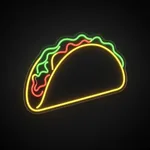 Néon LED Taco jaune chaud, vert et rouge, sur plaque en acrylique transparent découpée à la forme