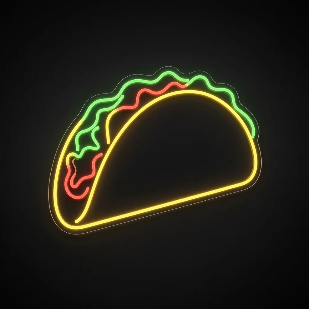 Néon LED Taco jaune chaud, vert et rouge, sur plaque en acrylique transparent découpée à la forme