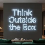 Néon LED Think Outside the Box allumé, mis en situation dans un intérieur