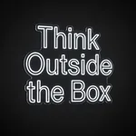 Néon LED Think Outside the Box bleu neon, sur plaque en acrylique transparent découpée à la forme
