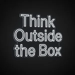 Néon LED Think Outside the Box bleu neon, sur plaque en acrylique transparent découpée à la forme