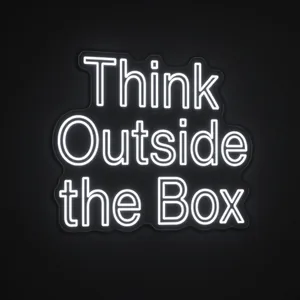 Neon LED Think Outside the Box w kolorze niebieskim na przezroczystej płycie akrylowej docinanej do kształtu