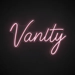 Néon LED Vanity rose, sur plaque en acrylique transparent découpée à la forme