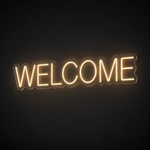 Néon LED Welcome blanc chaud, sur plaque en acrylique transparent découpée à la forme