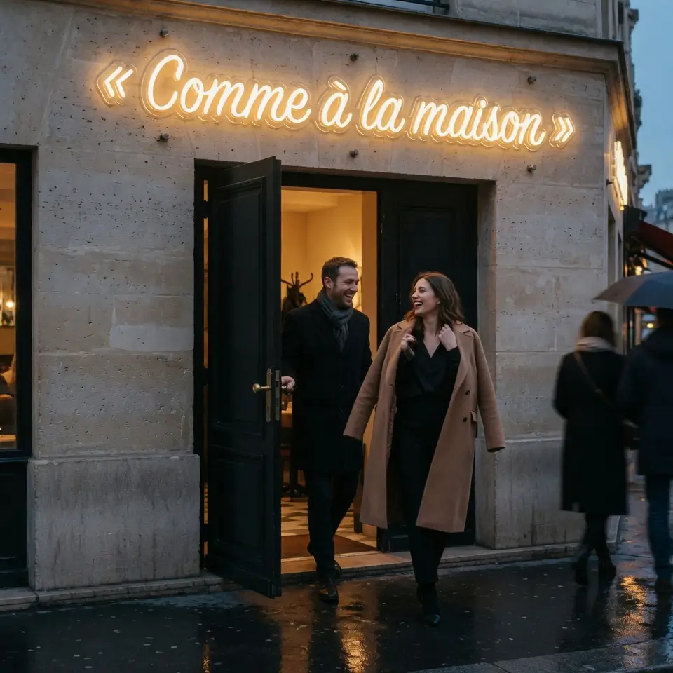 Couple souriant entrant dans un restaurant parisien sous néon LED extérieur étanche IP65 « Comme à la maison » fixé sur façade en pierre, signalétique pro Helioneon garantie 3 ans