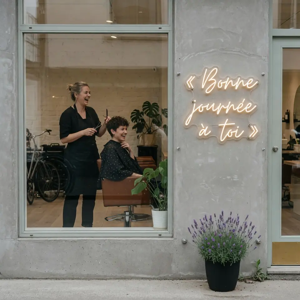 Coiffeuse et cliente souriantes dans salon scandinave avec néon LED extérieur IP65 « Bonne journée à toi » fixé sur mur béton ciré, signalétique pro intemporelle Helioneon