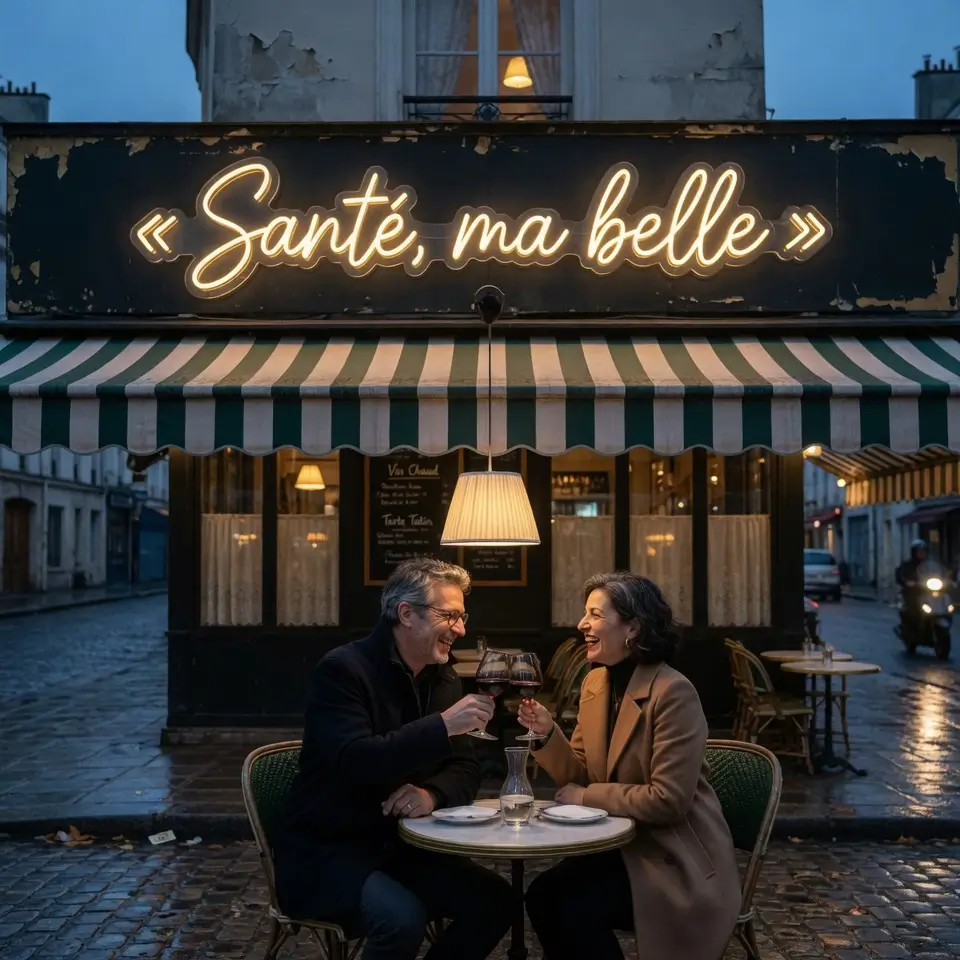 Couple trinquant en terrasse de bistro parisien sous néon LED extérieur IP65 « Santé, ma belle » fixé sur panneau noir solide au-dessus du store, résistant pluie battante et intempéries