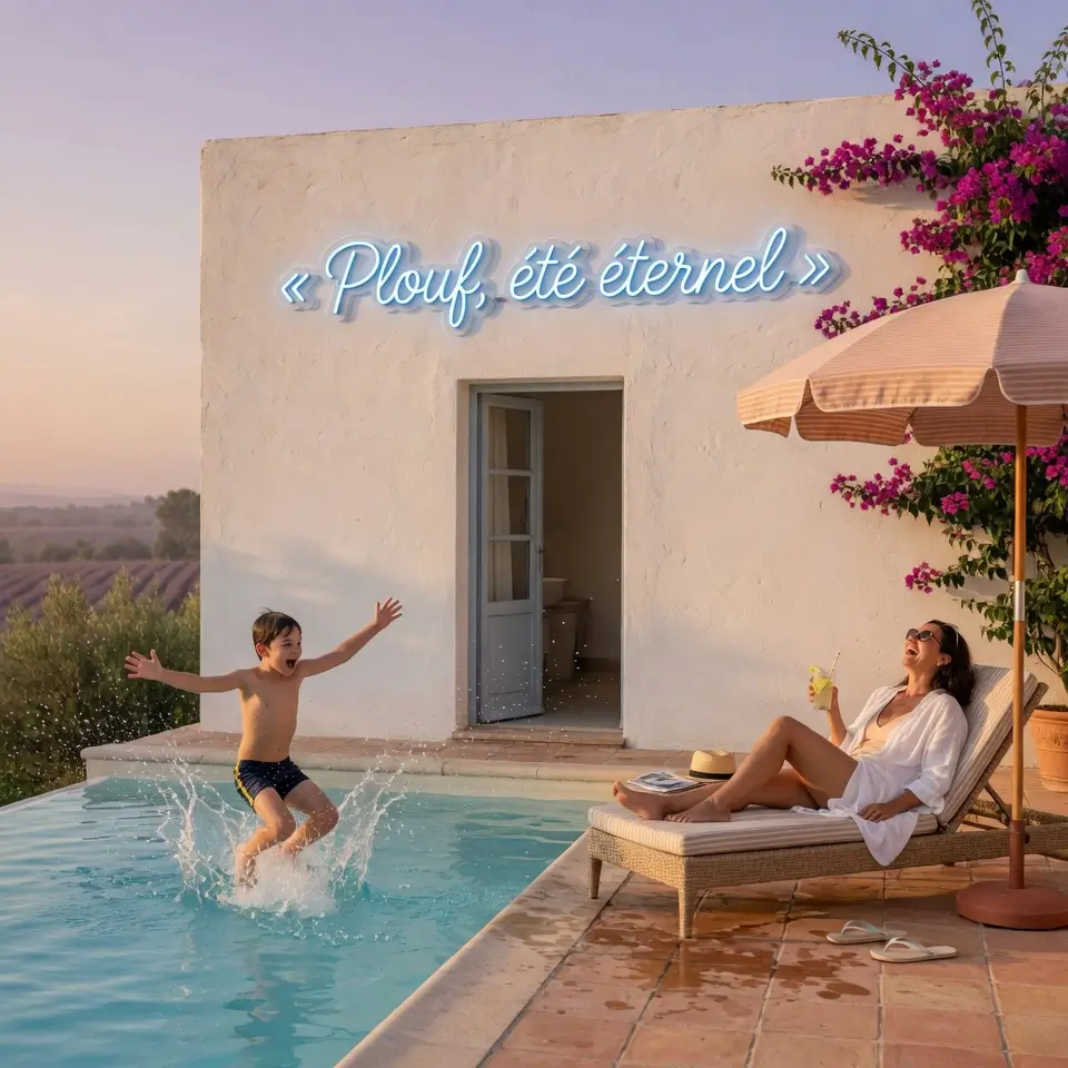 Enfant plongeant dans piscine en Provence sous néon LED extérieur IP65 « Plouf, été éternel » fixé sur mur crépi blanc de pool house, déco bord piscine résistante eau et UV Helioneon