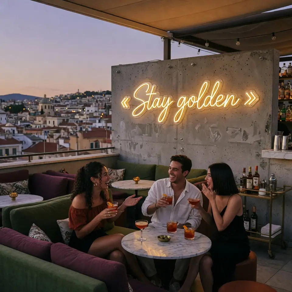 Trois amis riant dans un bar rooftop sous néon LED extérieur IP65 « Stay golden » fixé sur mur béton, ambiance terrasse résistant intempéries garantie 3 ans