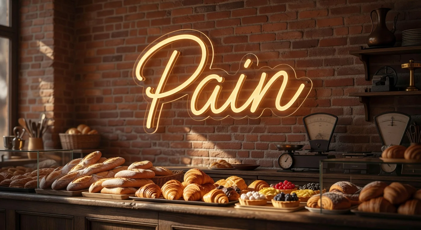 Néon LED Pain ambre doré dans une boulangerie pâtisserie artisanale française