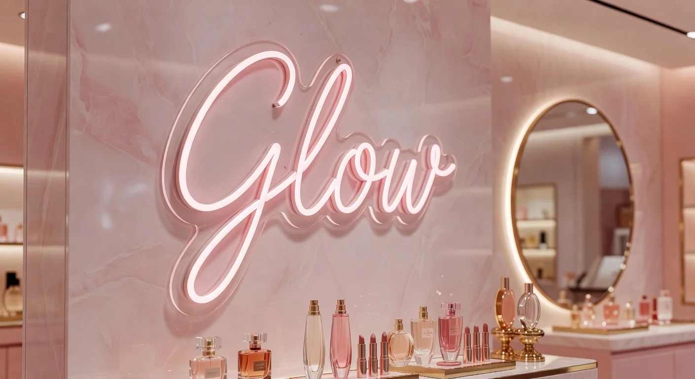 Néon LED Glow rose dans une parfumerie corner beauté, ambiance pastel féminine
