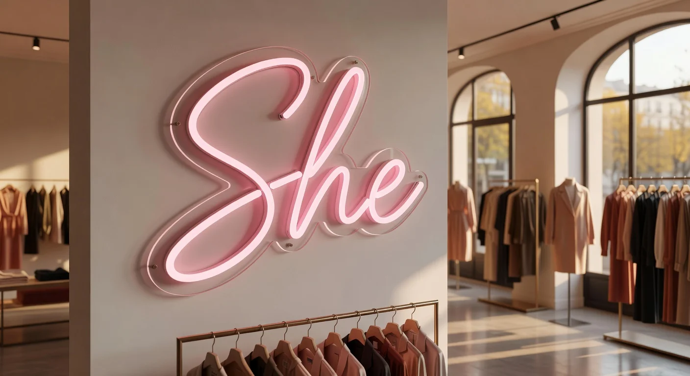 Néon LED rose poudré She dans une boutique de mode féminine premium, vitrine signature