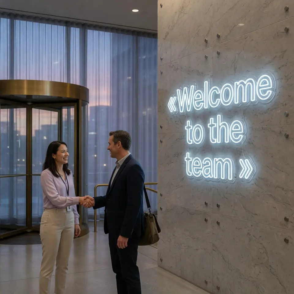 Accueil corporate avec poignée de main sous néon LED extérieur IP65 « Welcome to the team » fixé sur mur en marbre, signalétique pro entreprise lobby Helioneon garantie 3 ans