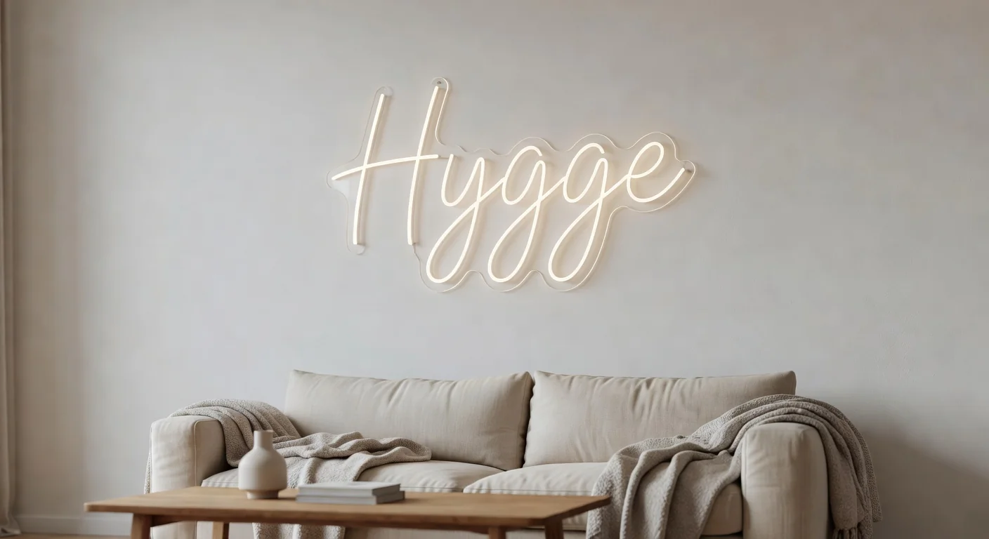 Warmweißes LED Neonschild Hygge in einem skandinavischen Wohnzimmer