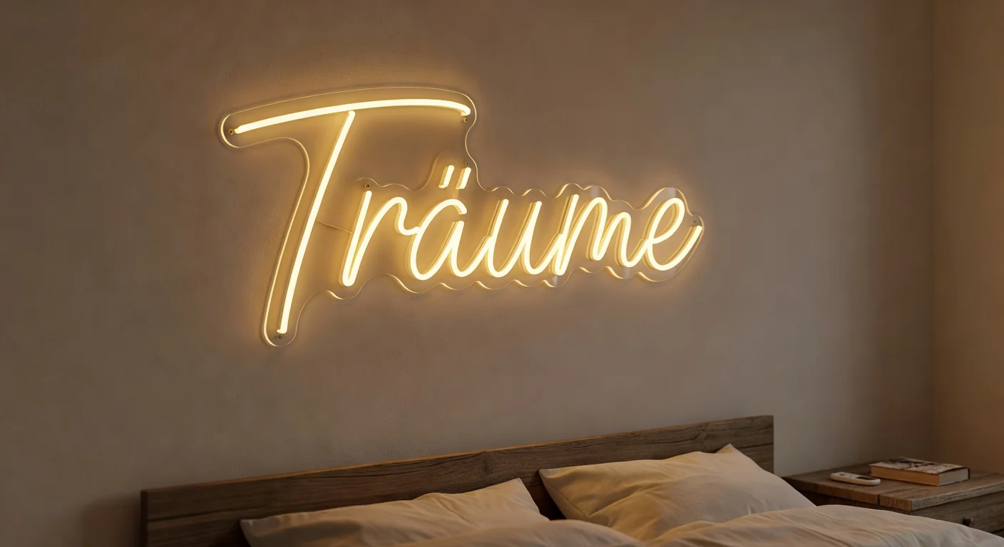 LED Neonschild Träume mit Dimmer in einem deutschen Schlafzimmer